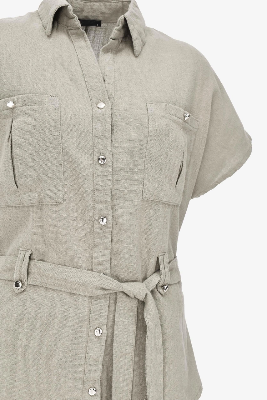 Keten Kuşaklı Gömlek Pantolon Takım - Bej Bej