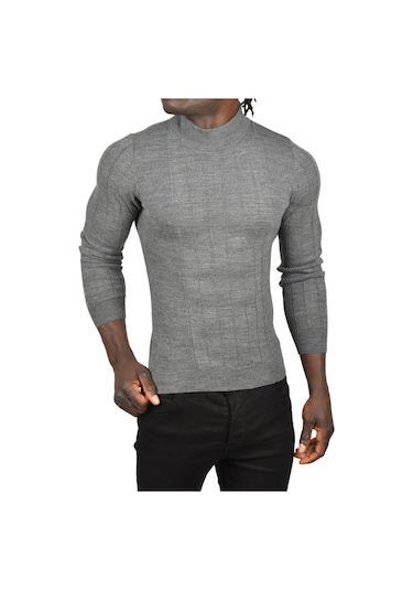 Deepsea Erkek Antrasit Yarım Balıkçı Yaka Çizgili Tüylenmeyen Slim Fit Triko Kazak 2505491 Antrasit