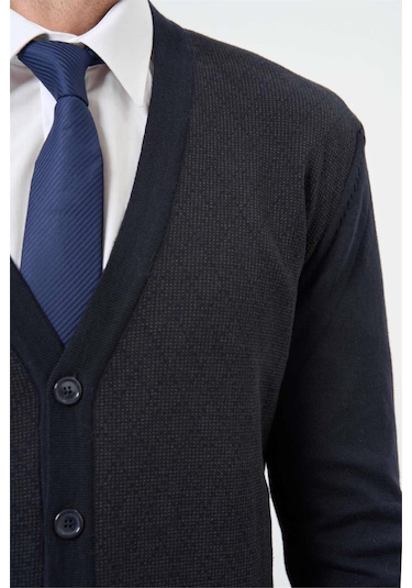 Koyu Lacivert Uzun Kol Kendinden Desenli Örme V Yaka Classic Comfort Fit Triko 1012245161 Koyu Lacivert