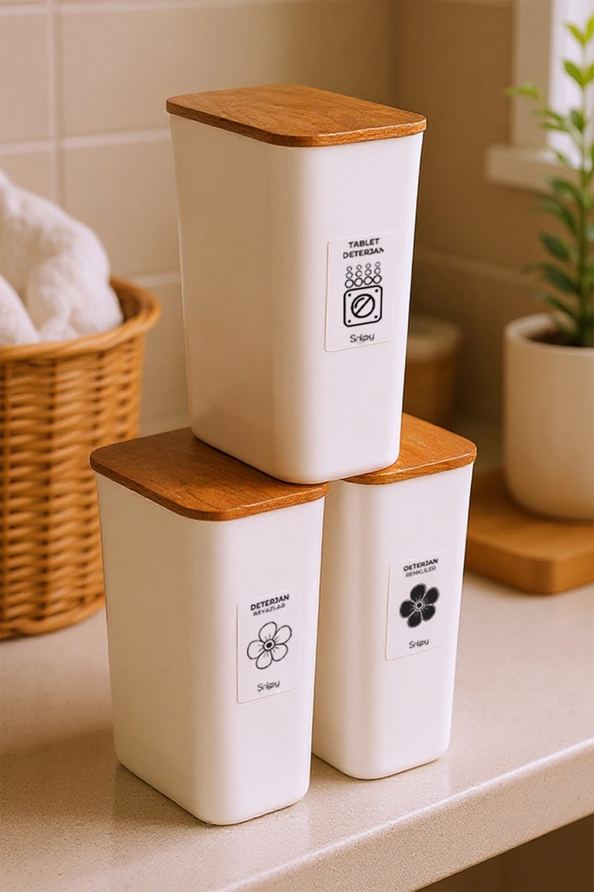 Clean - 3'lü Büyük Boy Deterjan Saklama Kutusu Etiketli Banyo Toz Tablet Toz Deterjan Kutusu 2900 Ml Ahşap