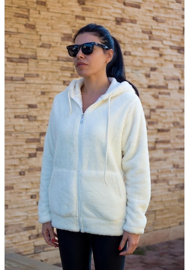 Kadın Beyaz Peluş Yumoş Fermuarlı Kapüşonlu Cepli Welsoft Ceket 22kckteres 001