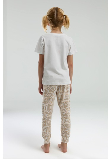 Arnetta 3303 Kız Çocuk Desenli Bisiklet Yaka Şortlu Kısa Kol Pijama Takım Bej