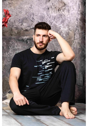 Nisanca Yazlık Kısa Kol %100 Pamuk Erkek Pijama Takımı Siyah