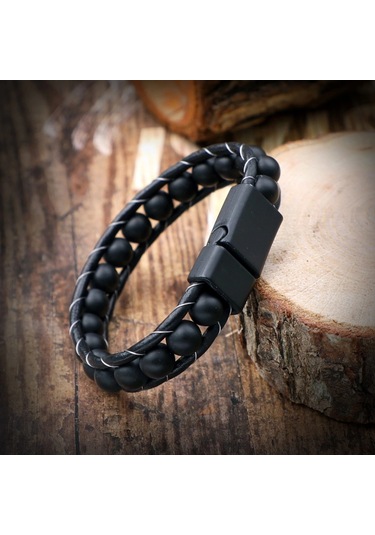 Moncuk Design Mat Oniks Taşı Örmeli Deri Bileklik 33512b2d8m7 Çok Renkli