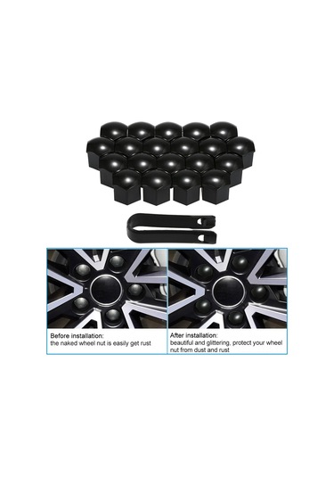 Symbee 17mm Abs Lastik Somun Kapakları, Siyah Elektroforez, Korozyona Dayanıklı, Araç Tekerlek Dekoru, 20 Adet + Çıkarma Aracı