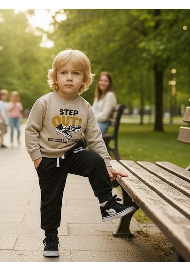 Zekids Erkek Çocuk Pamuklu Step Out Baskılı Eşofman Takımı-16348 Taş