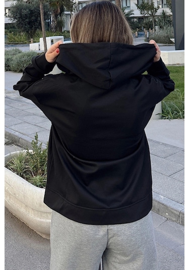 WeShaya Kadın Siyah Kapüşonlu, Fermuarlı, Cepli, Regular Kesim Sweatshirt Siyah
