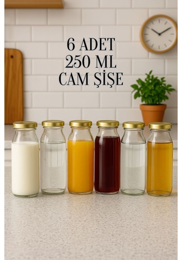 6 Adet 250 Ml Beslenme Şeffaf Meyve Suyu, Meşrubat, Limonata Şişesi Metal Kapaklı 250 Cc Şişe Gold