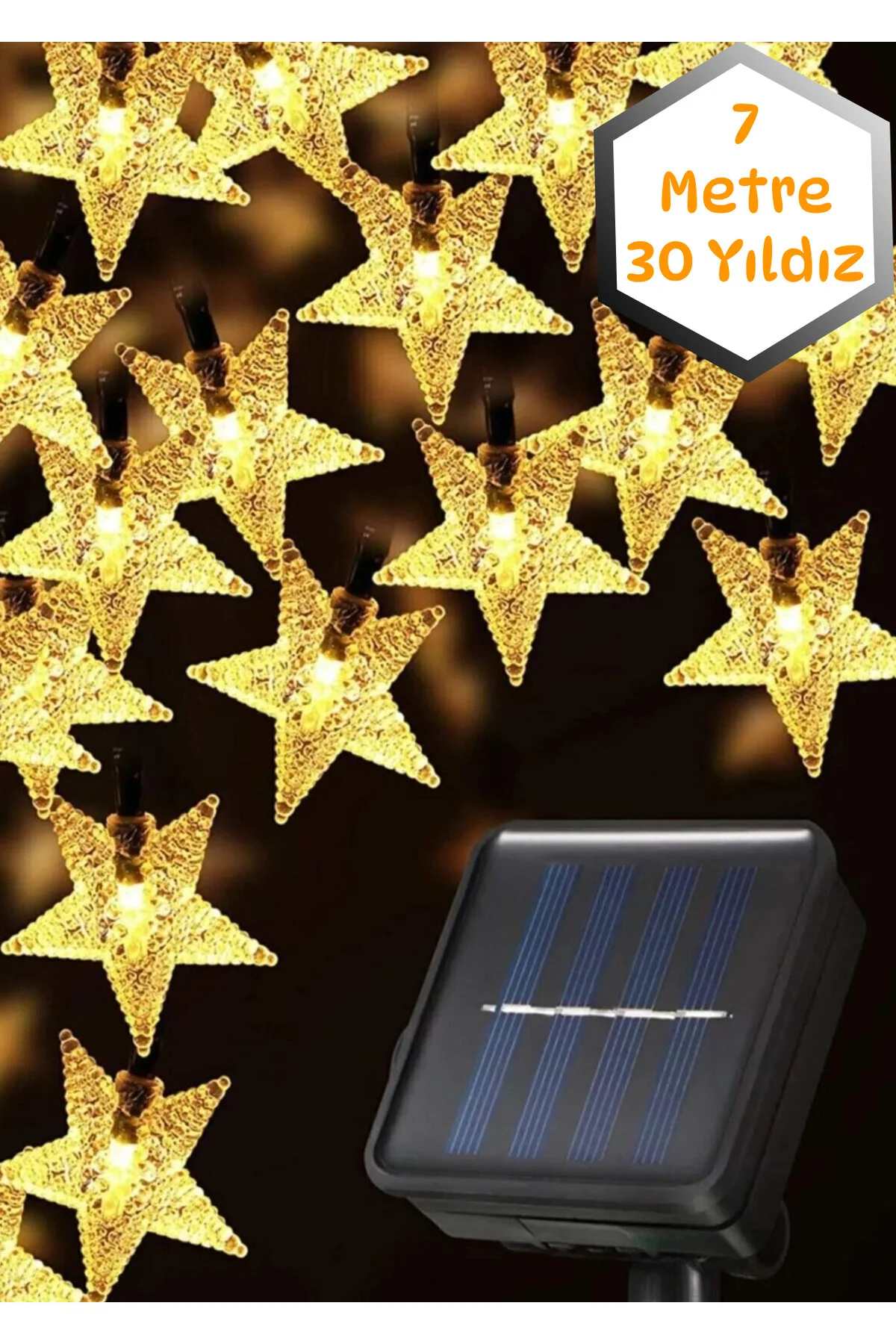7 Metre 30 Yıldız Güneş Enerjili Solar Led Işık Dış Mekan Su Geçirmez Dekoratif Aydınlatma Sarı