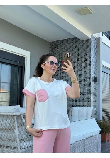 Defymoda Kadın Kristal Kumaş Garnili Cep Detaylı Ikili Takım Pembe