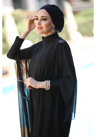 Remsa Mayo Tesettür Mayo Üzerine Desenli Tek Kaftan Pareo Rp001 Siyah Siyah