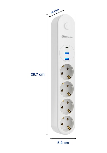 Techmaster 2 Usb+type-c Akım Çocuk Korumalı 4lü Priz 2mt Beyaz Diğer