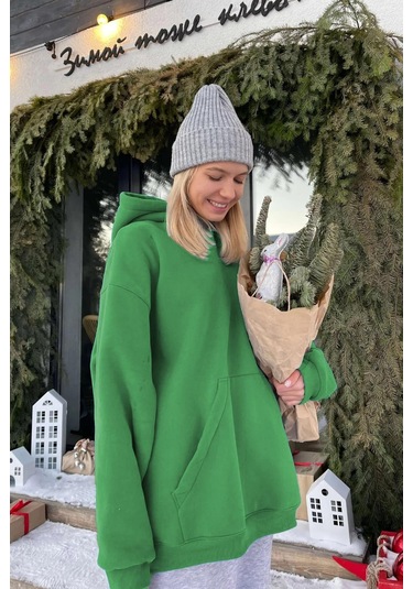 Madmext Yeşil Kapüşonlu Şardonlu Oversize Sweatshirt Mg1566 Yeşil