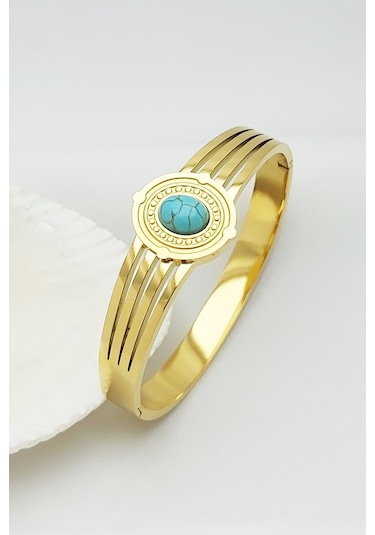 Caisya Altın Kaplama Turkuaz Taşlı Vintage Çelik Kelepçe Bileklik 17 CM Gold