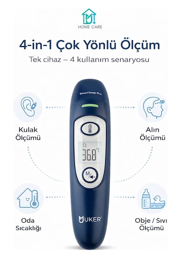 Uker Smarttemp Pro Temassız Termometre 4 Ü 1 Arada Kulak Alın Ateş Ölçer Renkli Uyarı