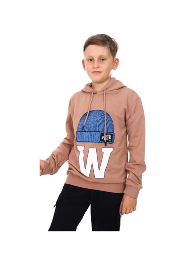 Çocuk Bere Baskılı Ve İşlemeli Kapüşonlu Sweatshirt-13410-kahverengi Kahverengi