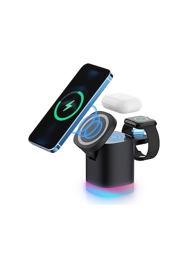 3in1 Magsafe Uyumlu 15w Rgb Kablosuz Şarj Standı Apple Uyumlu iPhone Android T
