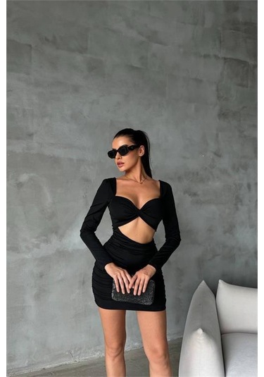 Kadın Sırt Ve Göğüs Dekolteli Mini Elbise Dpnbdf079 Siyah