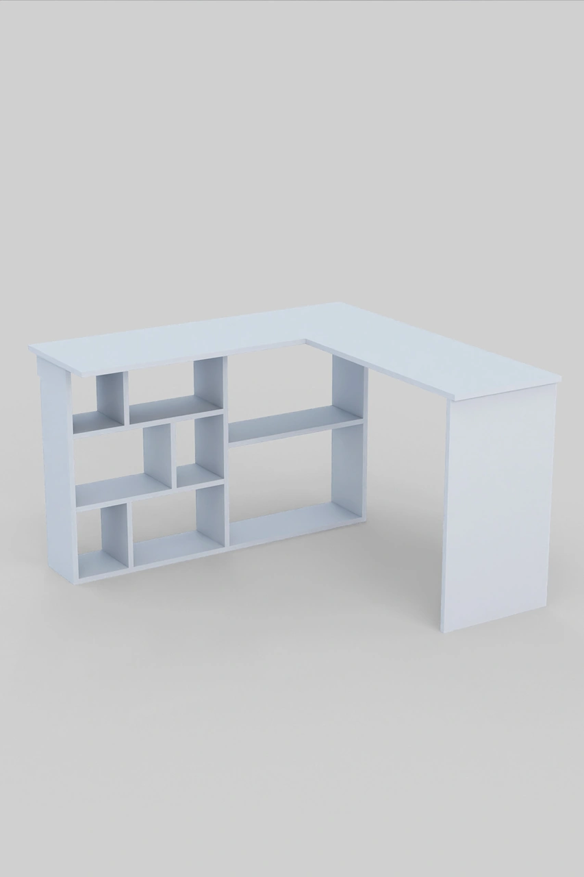 Corn Köşe Çalışma Masası Raflı Bilgisayar, Ofis Masası Beyaz Beyaz