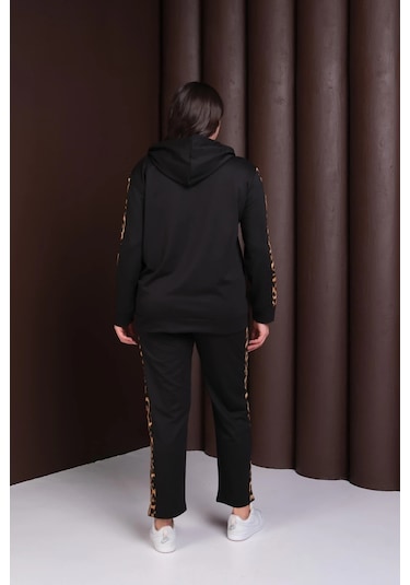 Kapüşonlu Leopar Desenli Alt-üst Takım Siyah