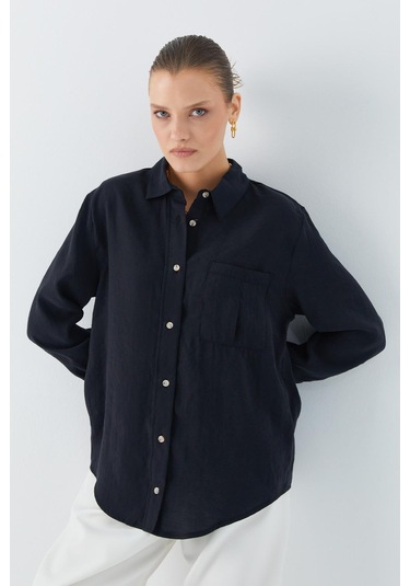 4628 Kadın Cep Detaylı Modal Gömlek Siyah Siyah