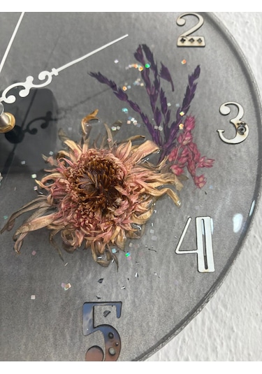Ayçiçeği Temalı Şeffaf Siyah Epoksi Duvar Saati Özel Tasarım - Tek Üretim - 30 Cm Siyah