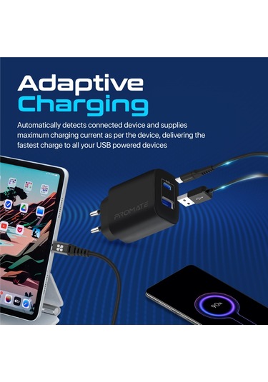 Promate BiPlug-2 17W Yüksek Hızlı Şarj Cihazı, 5V/3A Type-C, 5V/2,4A USB Duvar Şarj Adaptörü, Aşırı Şarj Koruma