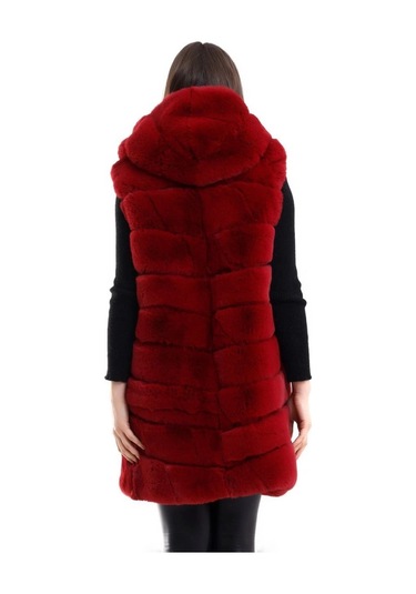 Kapşonlu Peluş Kürk Yelek Premium Kalite, Tam Astarlı, Uzun Model - Kırmızı Kırmızı