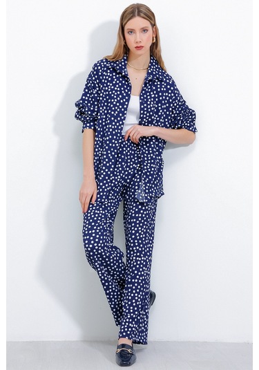 Kadın Puantiyeli Lacivert Ekru Örme İkili Takım 5858 5858bgd19-117-14773 001