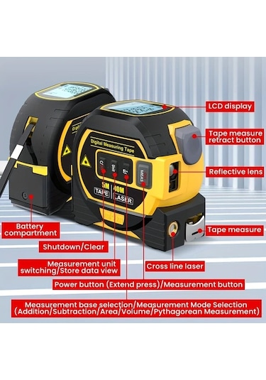 Elmpaly Mıgprc Yüksek Hassasiyetli Lazerli Ölçüm Cihazi Ve 5m Mezura 60m Lazer Mesafe Ölçer Alkalin Pil İle Çalisir Su Geçirmez Degil