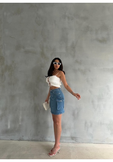 Zeo Basic Kargo Cep Detaylı Mini Denim Etek Mavi