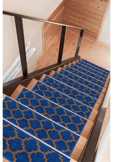 Dikdörtgen Dokuma Merdiven Halısı Kendinden Yapışkanlı Mavi Kahve