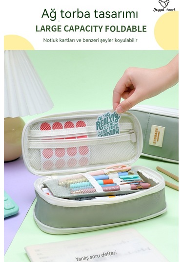 Basit Çift Katmanlı Geri Çekilebilir Büyük Kapasiteli Kalem Kutusu Yeşil