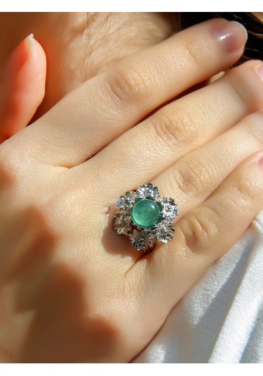 Esha Store Doğal Taş Yeşil Akik Doğal Taşlı Çiçek Model Telkari Kadın Ayarlanabilir Gümüş Kaplama Yüzük Euy61ya Yeşil