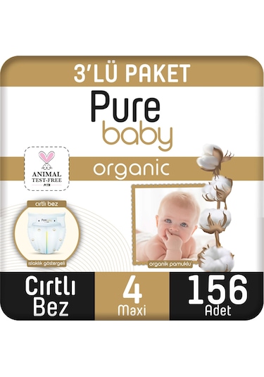 Pure Baby Organik Pamuklu Cırtlı Bez 3'lü Paket 4 Numara 156 Adet 3'lü