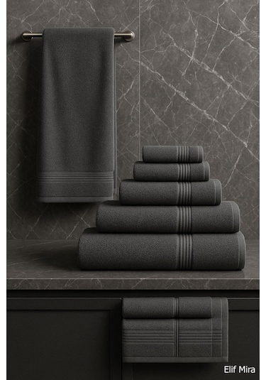 6 Parça Banyo Havlusu Seti Pamuklu 70x140 Cm Serenio Antrasit-Antrasit