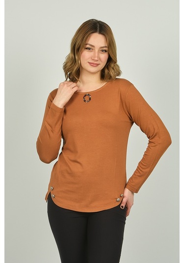 Sistas Kadın Süs Düğmeli Uzun Kol Bluz 23538 Camel