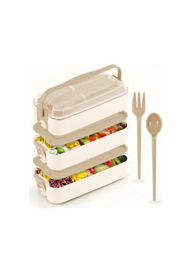 İronika 1260 Ml 3 Katlı Kapaklı Çatal Bıçaklı Beslenme Kutusu Lunch Box Beslenme Kabı - Kahve Kahverengi