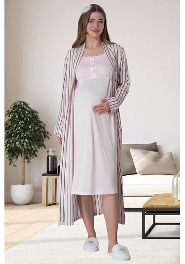 Mecit Pijama Mecit 6063 Kadın Hamile Lohusa Pembe Sabahlık Gecelik Pijama Set 001