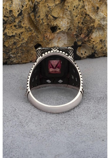 Yüzük Sanatı Dikdörtgen Ayyıldız Motifli Kırmızı Taşlı 925 Gümüş Erkek Yüzük