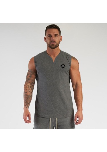 Gri Muscleguys Yaz Yeni Avrupa Ve Amerikan Tarzı Baskılı Yelek Pamuklu Erkek Fit Spor V Yaka Kolsuz Tişört