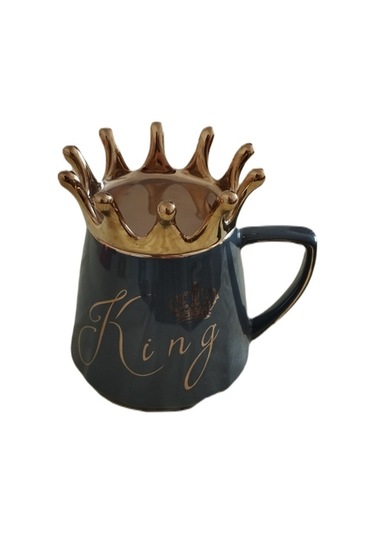 Özel Tasarım King Kral Taçlı Kapaklı Kupa Bardak Gri