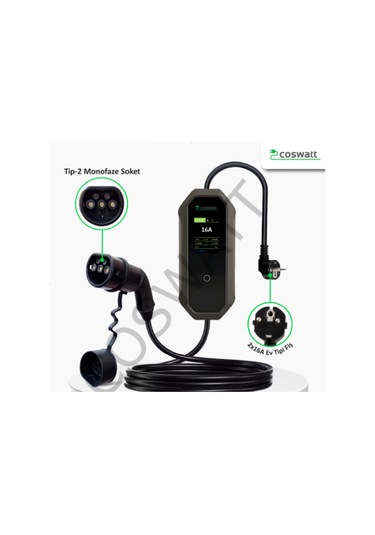 Coswatt Taşınabilir Şarj Cihazı 3.5 Kw / 16a / Tip-2 / Ev Tipi Schuko Fiş / 5m Kablolu / 220v Ac + Taşıma Çantası