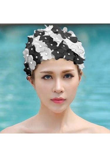 Kadınlar İçin İnci Üç Lu El Yapımı Çiçek Yüzme Bonesi Siyah Beyaz Beyaz - Siyah