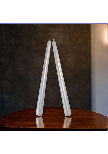 Denic 2 li Metalik Inci Beyaz Şamdan Mum Konik Mum