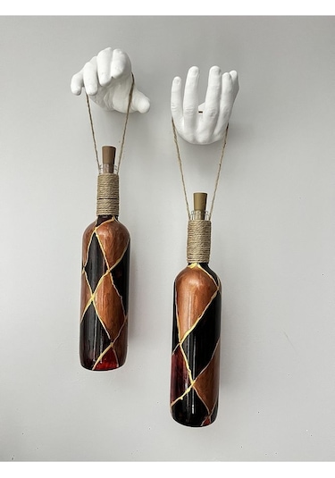 Heykel El Dekorlu Led Işıklı Kahverengi Vitray Cam Şarap Şişesi A Çok Renkli