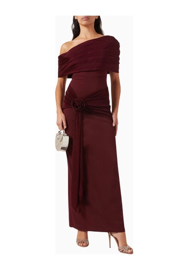 Ac By Aanchal Chanda Off - Shoulder Rose Drape Gül Drapeli Omuz Dekolteli Uzun Kadın Elbise Koyu Mor