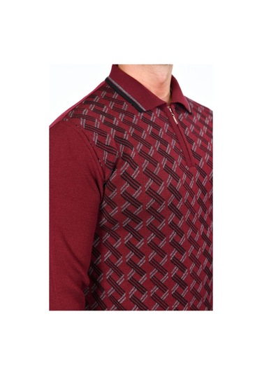 Kamalı Erkek Çelik Örgü Gömlek Yaka Fermuarlı Polo Yakalı Çizgili Desen Tüylenmeyen Triko Kışlık Baba Kazak Bordo