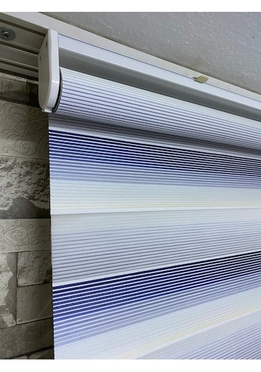 Mavi Gri Mini Plise Zebra Perde (Etekli)
