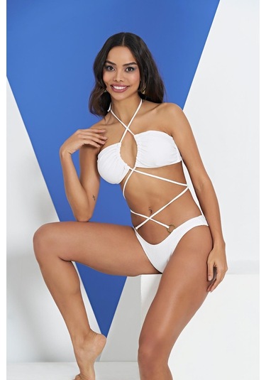 Ruko Maio 2315-1 Beyaz Çapraz İp Modelli Boyundan Bağlamalı Bikini 001